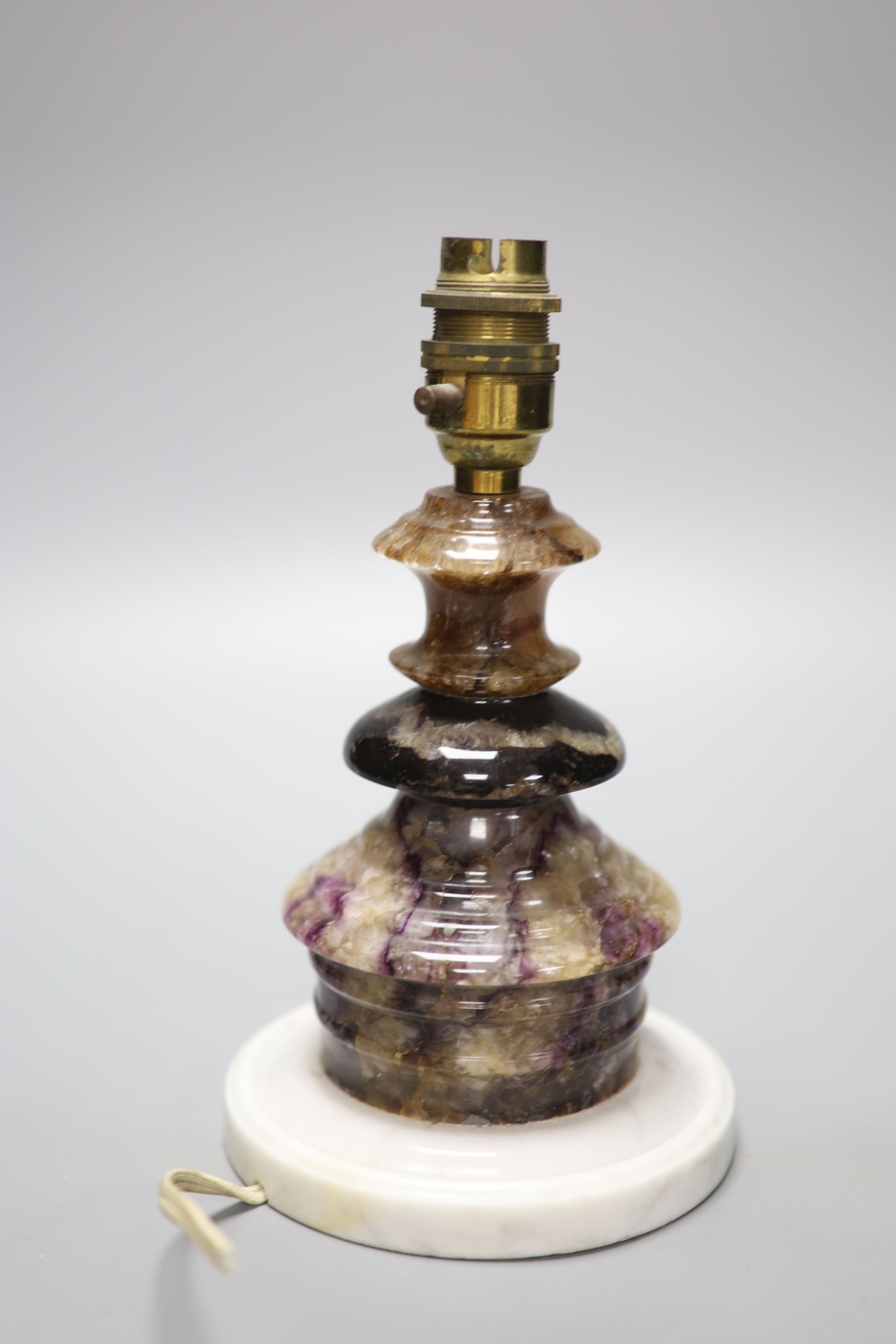 A turned sectional Blue John desk lamp, on turned grey marble base, height 22cm